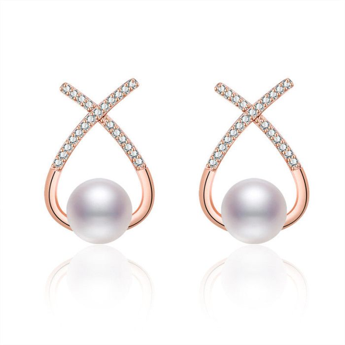 Rose Gold Plated American Diamond Studded Cross Shape Korean Stud Earrings - Image 2