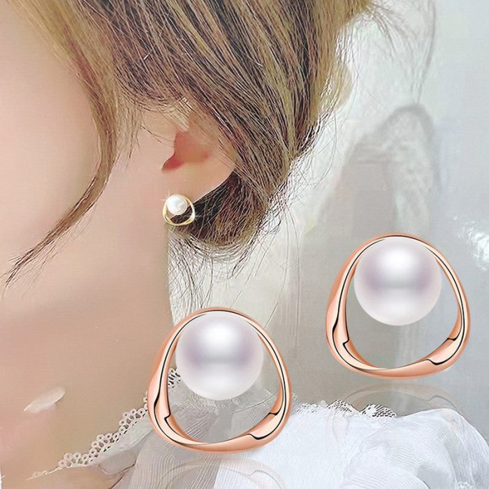 Rose Gold Plated Triangle Shaped Pearl Studded Korean Stud Earrings - Image 2