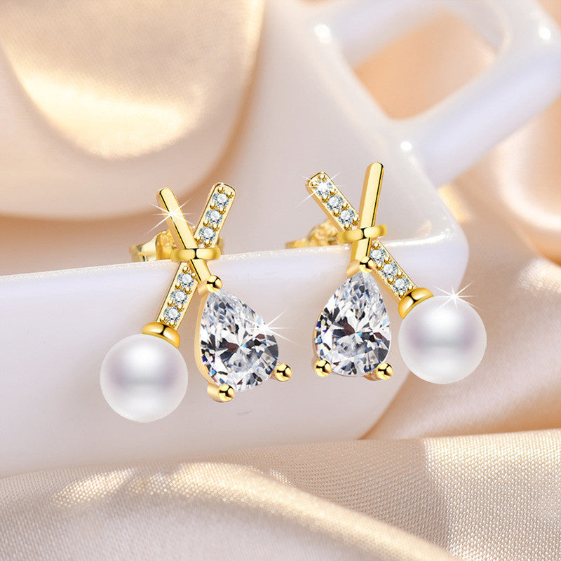 Gold Plated American Diamond Studded Cross Shape Korean Stud Earrings - Image 1