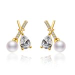 Gold Plated American Diamond Studded Cross Shape Korean Stud Earrings - Image 2