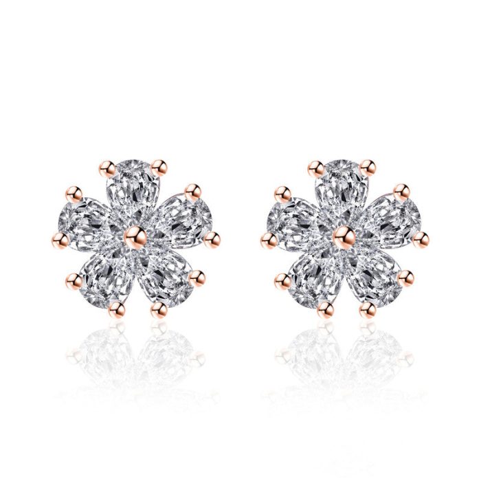 Rose Gold Plated American Diamond Studded Floral Korean Stud Earrings - Image 2