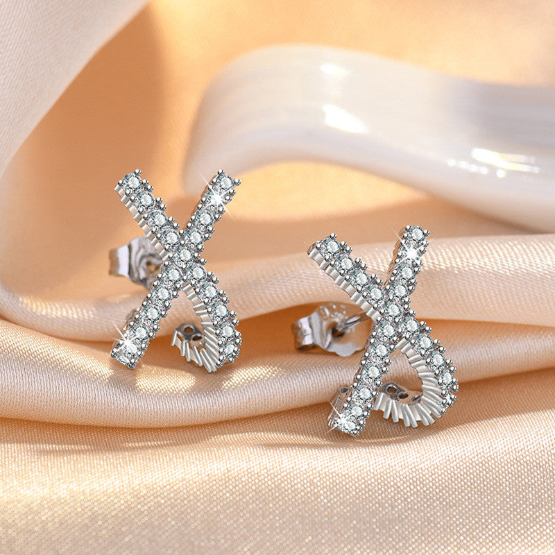 Silver Plated American Diamond Studded Cross Shape Korean Stud Earrings - Image 1