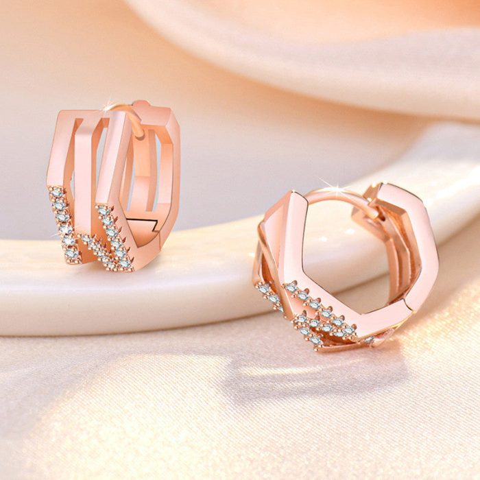 Rose Gold Plated American Diamond Studded Geometric Korean Hoop Earrings - Image 2