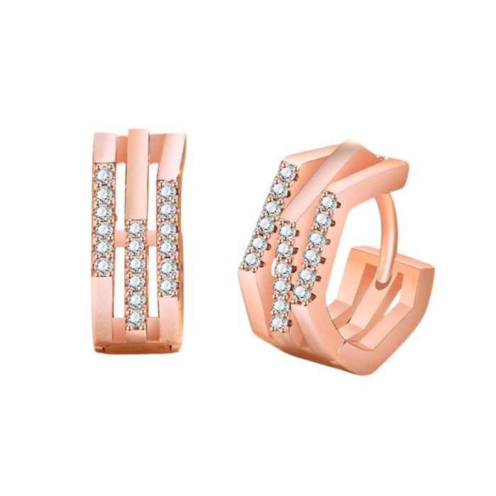 Rose Gold Plated American Diamond Studded Geometric Korean Hoop Earrings - Image 3