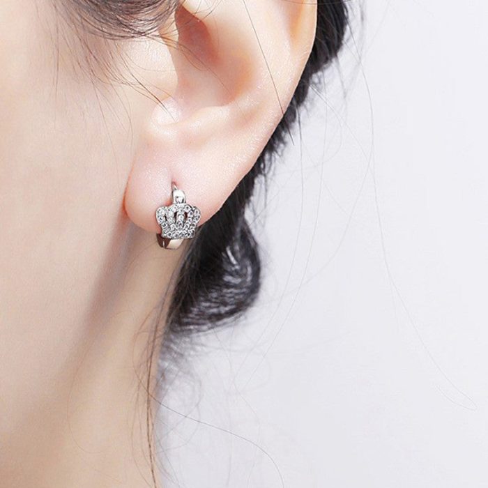 Silver Plated American Diamond Studded Crown Shape Korean Hoop Earrings - Image 8