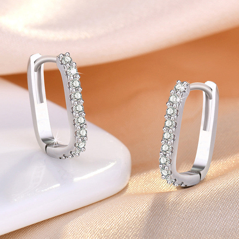 Silver Plated American Diamond Studded Geometrical Korean Hoop Earrings - Image 1