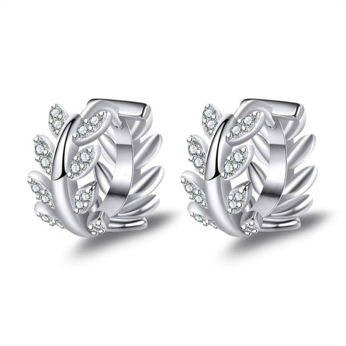 Silver Plated American Diamond Studded Leaf inspired Hoop Earrings - Image 5