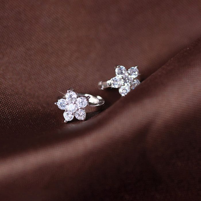 Silver Plated American Diamond Studded Floral Korean Hoop Earrings - Image 3