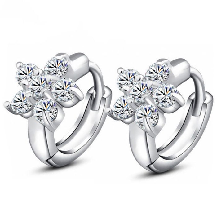 Silver Plated American Diamond Studded Floral Korean Hoop Earrings - Image 4