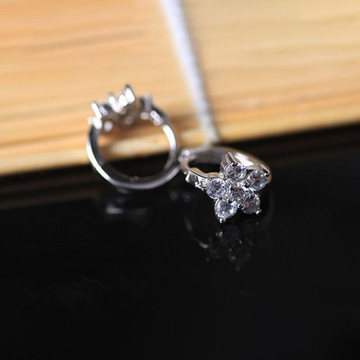 Silver Plated American Diamond Studded Floral Korean Hoop Earrings - Image 6
