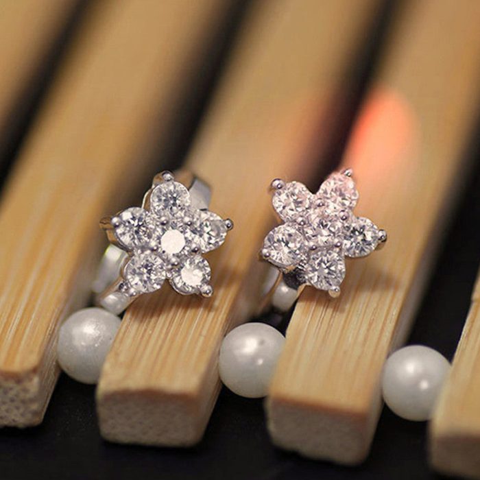 Silver Plated American Diamond Studded Floral Korean Hoop Earrings - Image 9