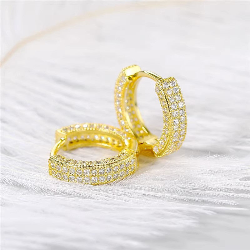 Gold Plated Cubic Zirconia Studded Micro Inlay Hip Hop Hoop Earrings - Image 1