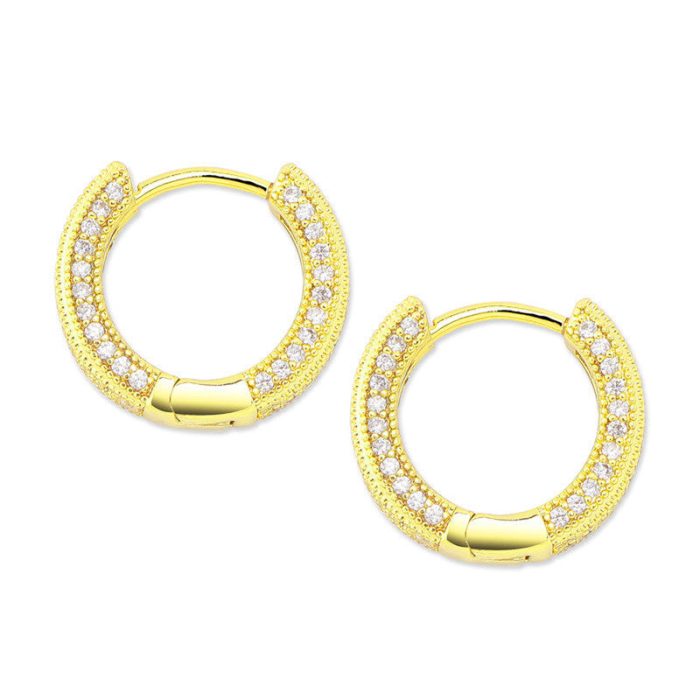 Gold Plated Cubic Zirconia Studded Micro Inlay Hip Hop Hoop Earrings - Image 2