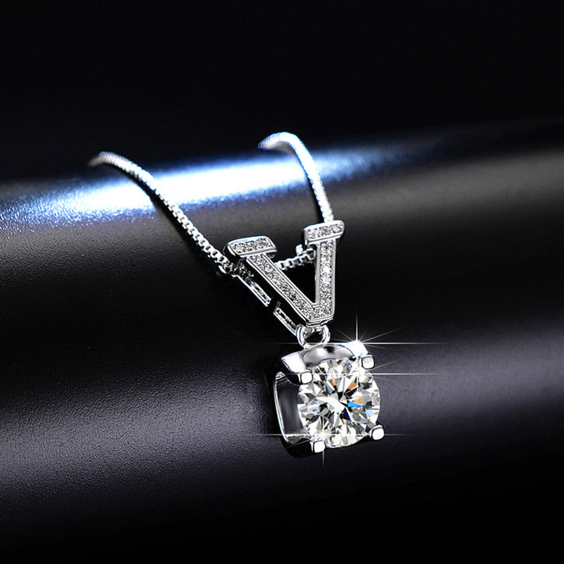 Silver Plated Crystal Studded V Shape Circular Solitaire Pendant - VAIRAVI Silver Plated Crystal Studded V Shape Circular Solitaire Pendant - VAIRAVI