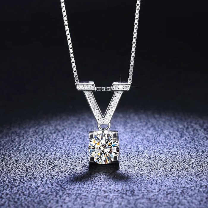 Silver Plated Crystal Studded V Shape Circular Solitaire Pendant - VAIRAVI