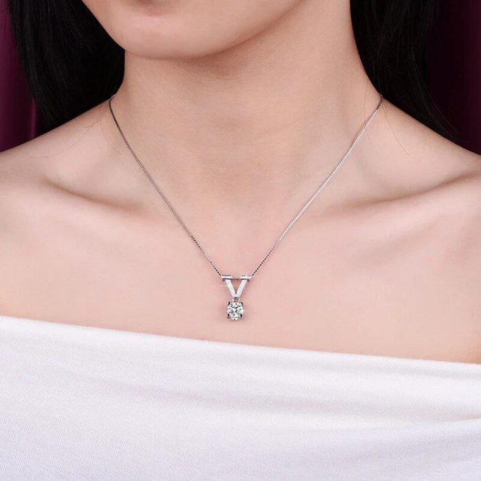 Silver Plated Crystal Studded V Shape Circular Solitaire Pendant - VAIRAVI