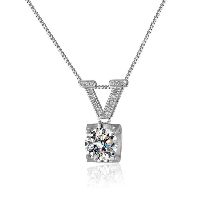 Silver Plated Crystal Studded V Shape Circular Solitaire Pendant - VAIRAVI