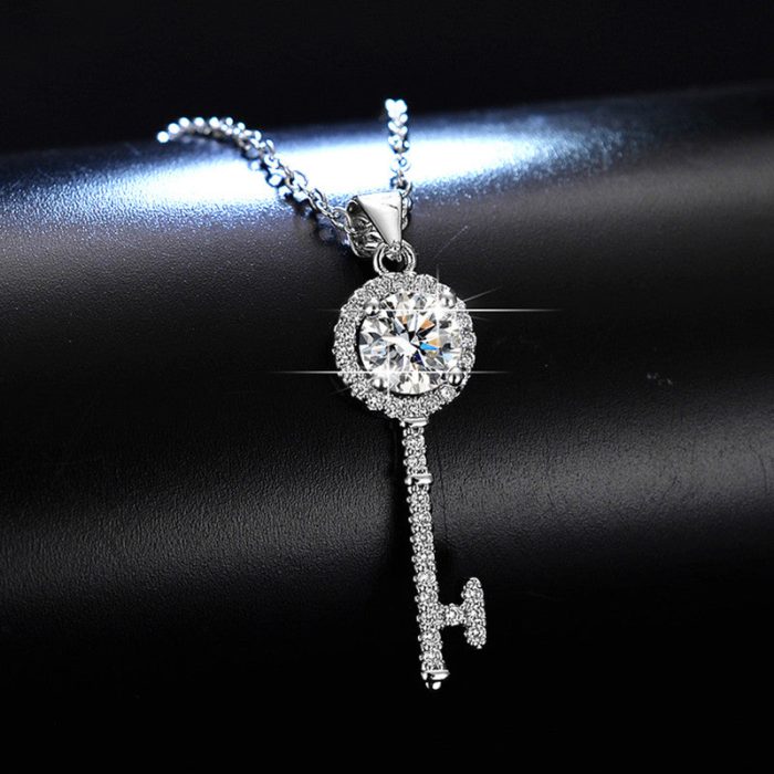 Silver Plated Crystal Studded Key Themed Anti Tarnish Pendant - VAIRAVI