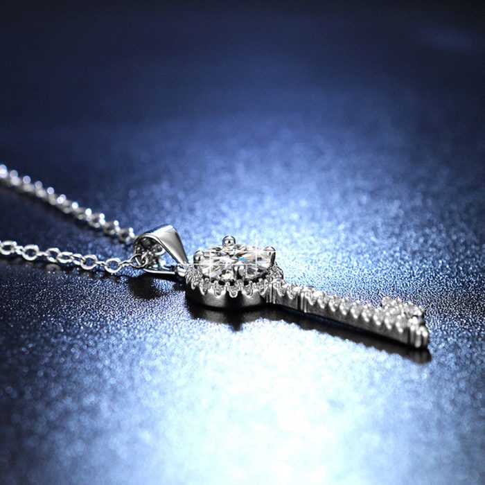 Silver Plated Crystal Studded Key Themed Anti Tarnish Pendant - VAIRAVI