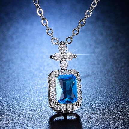 Silver Plated Crystal Studded Geometrical Blue Stone Anti Tarnish Solitaire Pendant - VAIRAVI