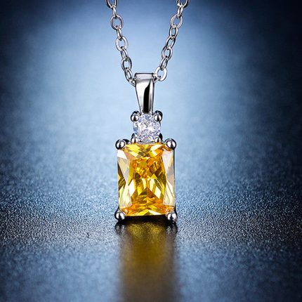 Silver Plated Crystal Studded Geometrical Yellow Stone Anti Tarnish Solitaire Pendant - VAIRAVI