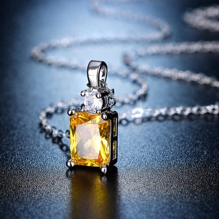 Silver Plated Crystal Studded Geometrical Yellow Stone Anti Tarnish Solitaire Pendant - VAIRAVI
