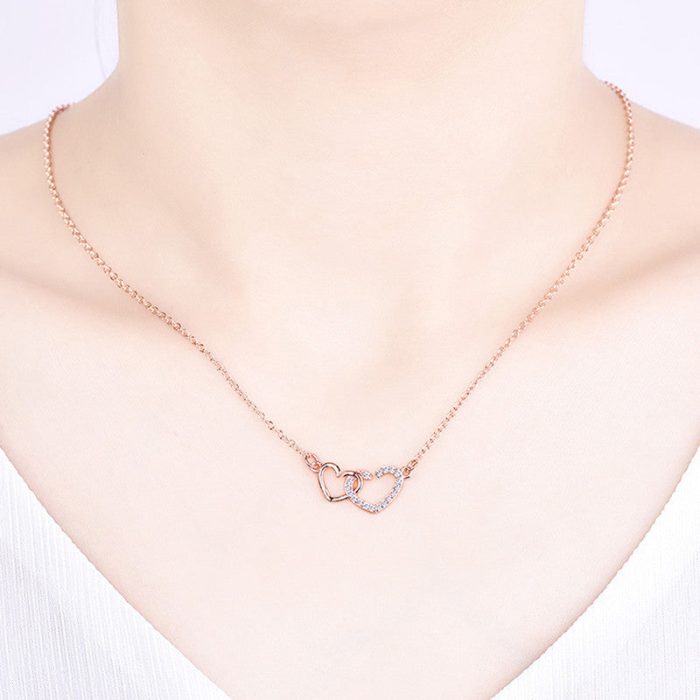 Rose Gold Plated American Diamond Studded Dual Heart Contemporary Korean Pendant - Image 4
