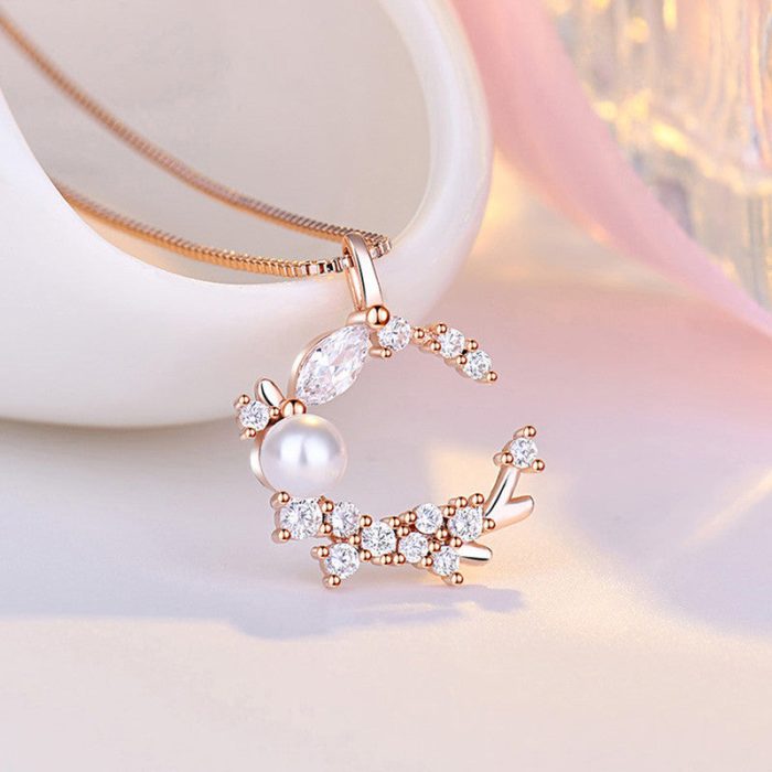 Rose Gold Plated American Diamond Studded Moon Shape Contemporary Korean Pendant - Image 2