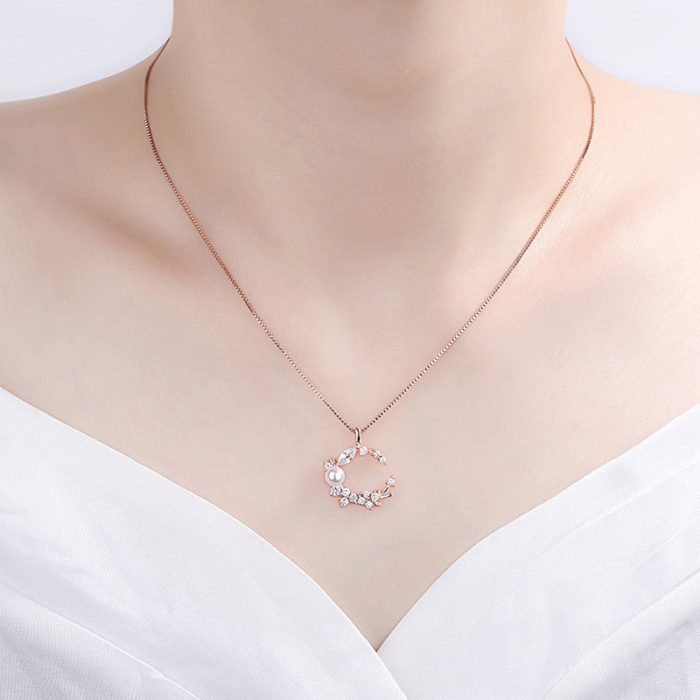 Rose Gold Plated American Diamond Studded Moon Shape Contemporary Korean Pendant - Image 3
