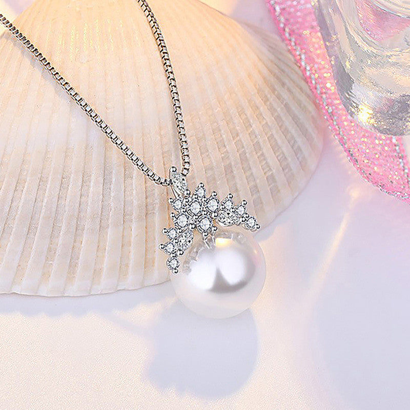Silver Plated American Diamond Studded Crown Like Pearl Studded Korean Pendant - Image 1