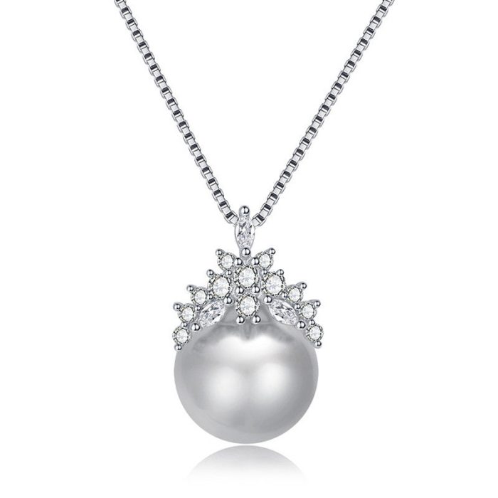 Silver Plated American Diamond Studded Crown Like Pearl Studded Korean Pendant - Image 5
