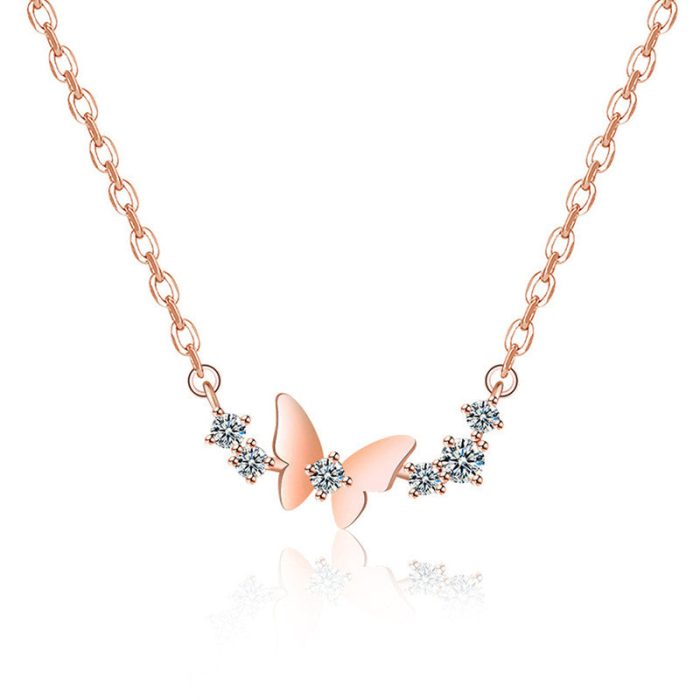 Rose Gold Plated American Diamond Studded Butterfly Themed Contemporary Pendant - Image 2