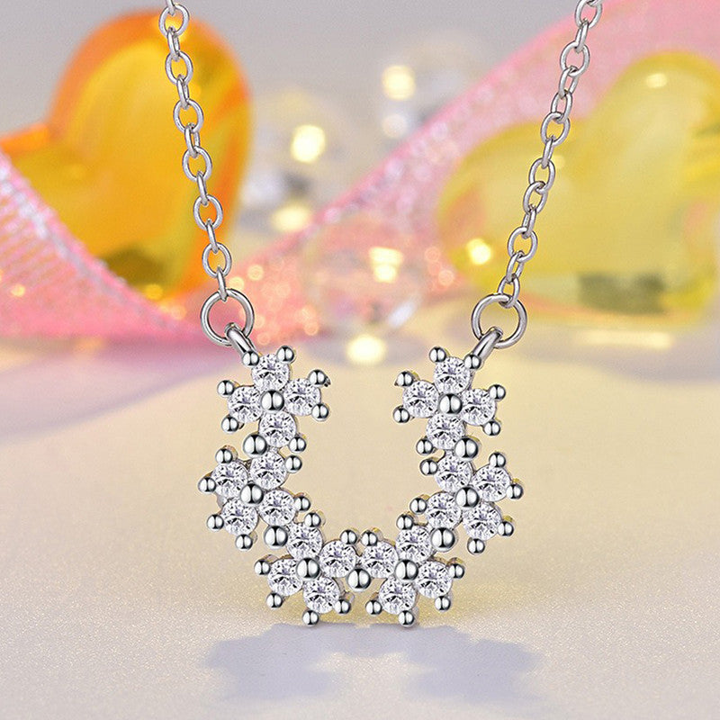 Silver Plated American Diamond Studded Half Hoop Floral Pendant - Image 1