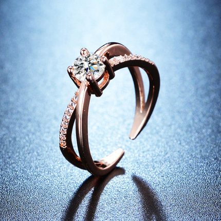 Rose Gold Plated American Diamond Studded Cross Shape Adjustable Finger Ring - VAIRAVI