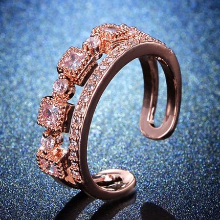 Rose Gold Plated American Diamond Studded Square Checkered Adjustable Finger Ring - VAIRAVI