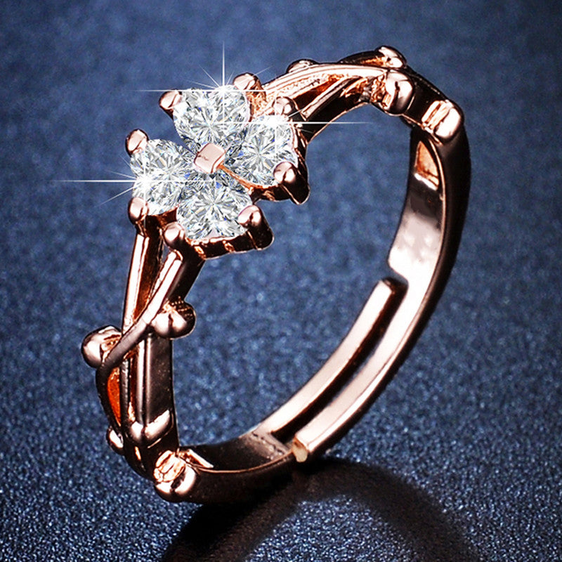 Rose Gold Plated American Diamond Studded Floral Contemporary Adjustable Finger Ring - MySmartBazaar Rose Gold Plated American Diamond Studded Floral Contemporary Adjustable Finger Ring - VAIRAVI