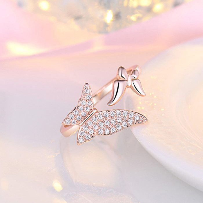 Rose Gold Plated American Diamond Studded Butterfly Shape Contemporary Finger Ring - Image 2
