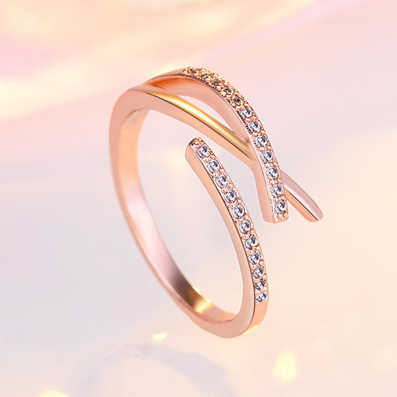 Rose Gold Plated American Diamond Studded Contemporary Korean Finger Ring - Image 1
