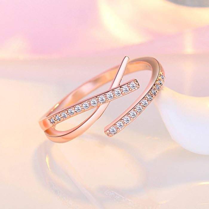 Rose Gold Plated American Diamond Studded Contemporary Korean Finger Ring - Image 2