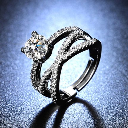 Silver Plated American Diamond Studded Cross Design Anti Tarnish Solitaire Adjustable Finger Ring - VAIRAVI
