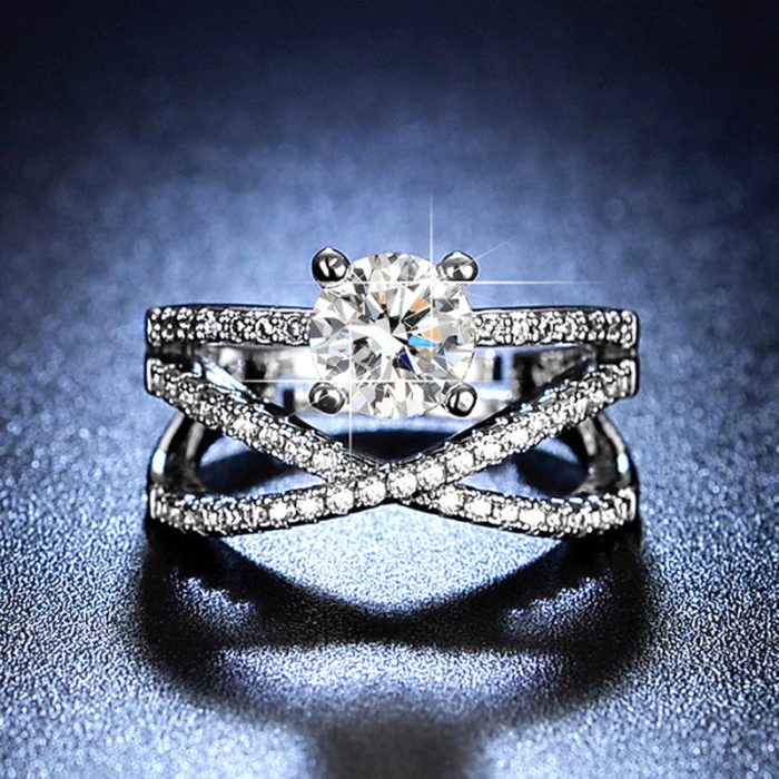 Silver Plated American Diamond Studded Cross Design Anti Tarnish Solitaire Adjustable Finger Ring - VAIRAVI