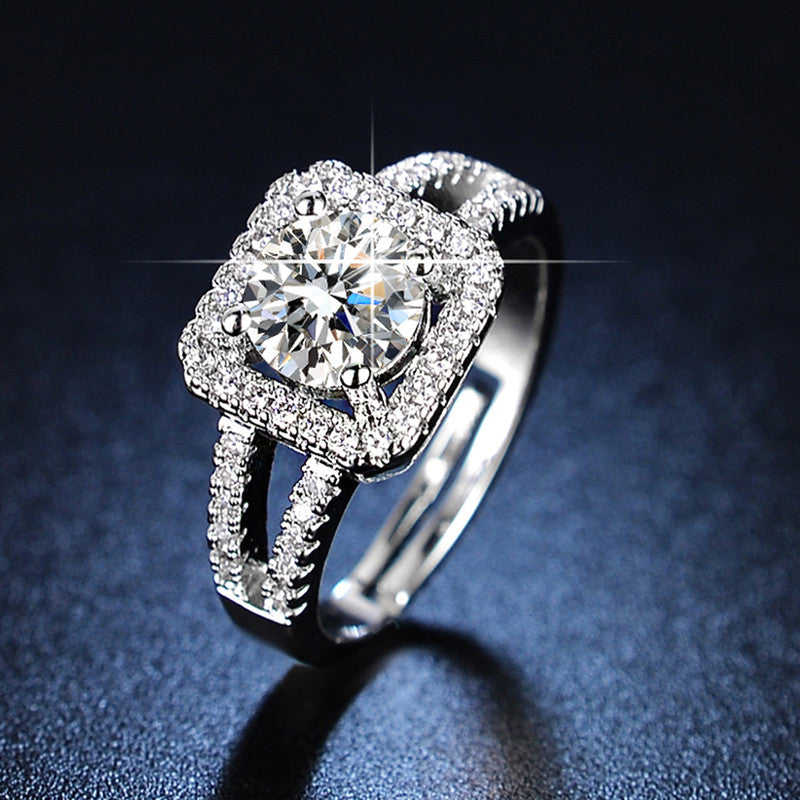 Silver Plated American Diamond Studded Geometrical Anti Tarnish Solitaire Adjustable Finger Ring - VAIRAVI Silver Plated American Diamond Studded Geometrical Anti Tarnish Solitaire Adjustable Finger Ring - VAIRAVI