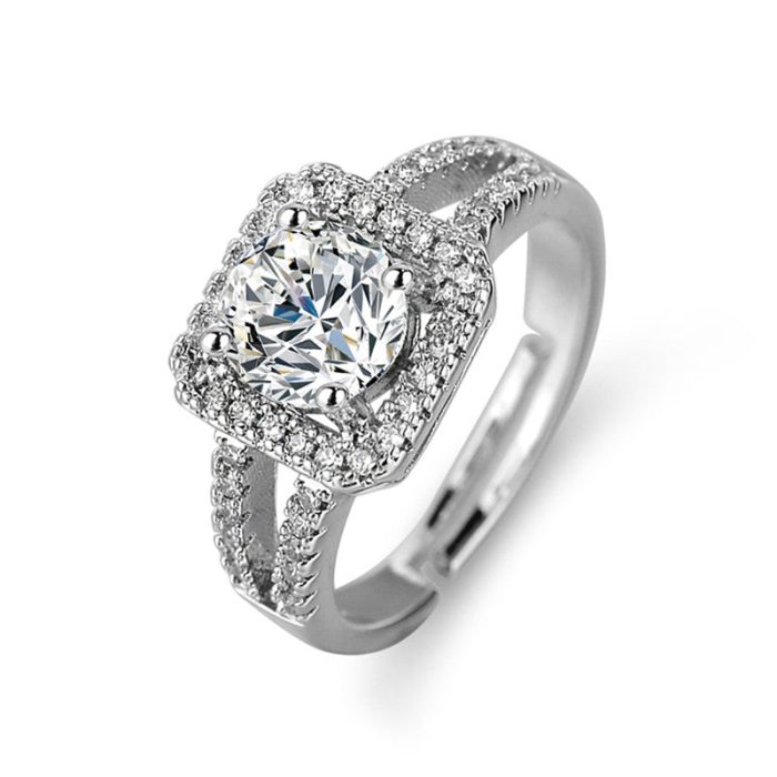 Silver Plated American Diamond Studded Geometrical Anti Tarnish Solitaire Adjustable Finger Ring - VAIRAVI