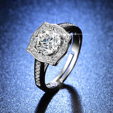 Silver Plated Crystal Studded Contemporary Anti Tarnish Solitaire Adjustable Finger Ring - VAIRAVI