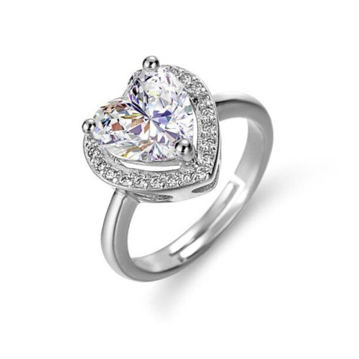 Silver Plated Crystal Studded Heart Shape Anti Tarnish Adjustable Finger Ring - VAIRAVI