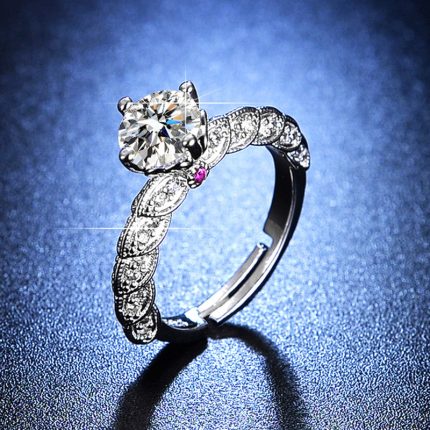 Silver Plated Crystal Studded Contemporary Anti Tarnish Pink Stone Solitaire Adjustable Finger Ring - VAIRAVI