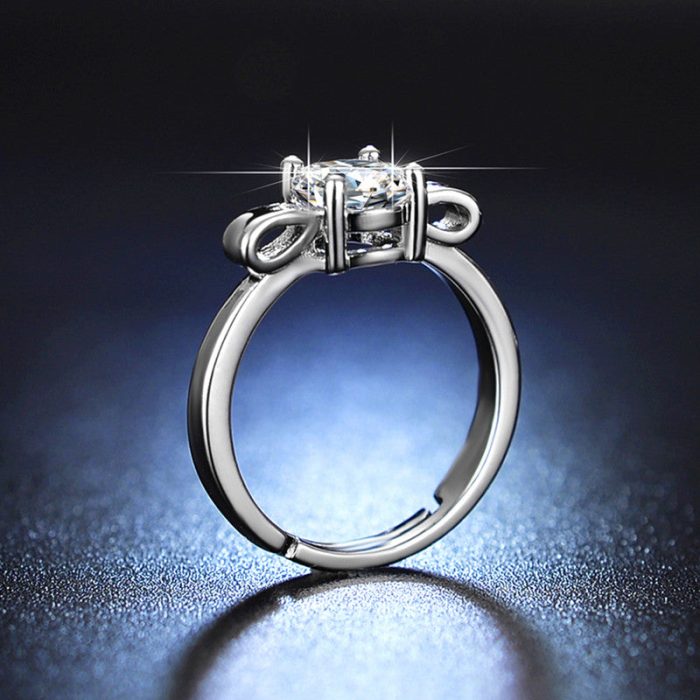 Silver Plated Crystal Studded Bow Tie Anti Tarnish inspired Solitaire Adjustable Finger Ring - VAIRAVI