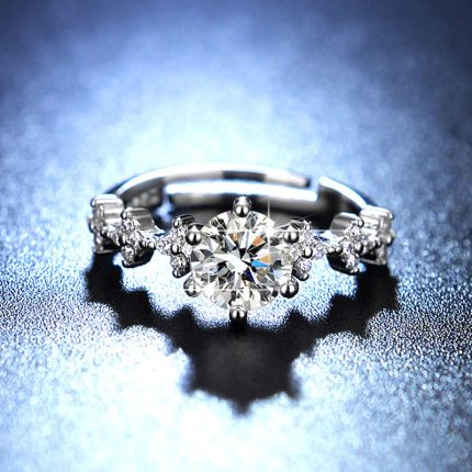 Silver Plated American Diamond Studded Floral Anti Tarnish Adjustable Solitaire Finger Ring - VAIRAVI
