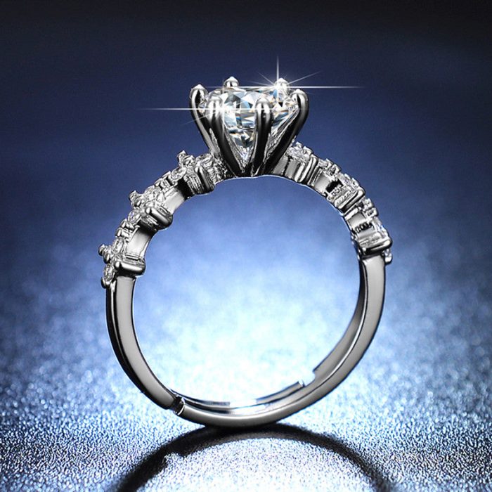 Silver Plated American Diamond Studded Floral Anti Tarnish Adjustable Solitaire Finger Ring - VAIRAVI