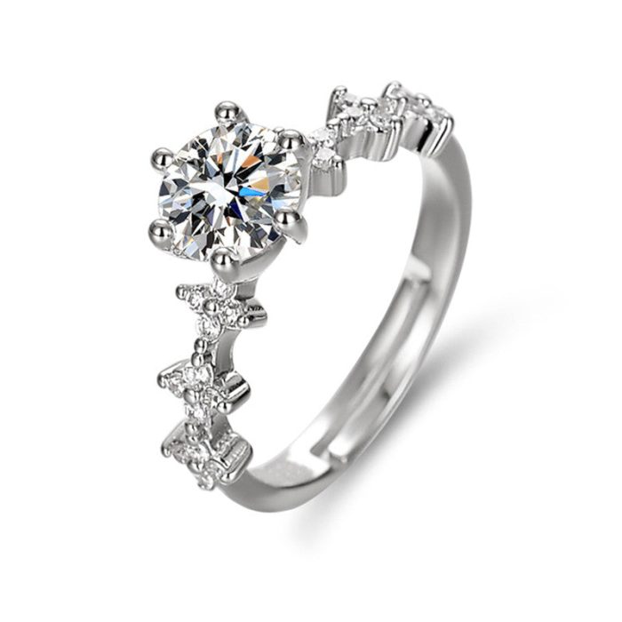 Silver Plated American Diamond Studded Floral Anti Tarnish Adjustable Solitaire Finger Ring - VAIRAVI
